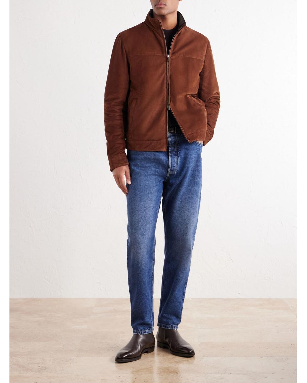 Thom Sweeney Brown Suede Mock-Neck Bomber Jacket for men