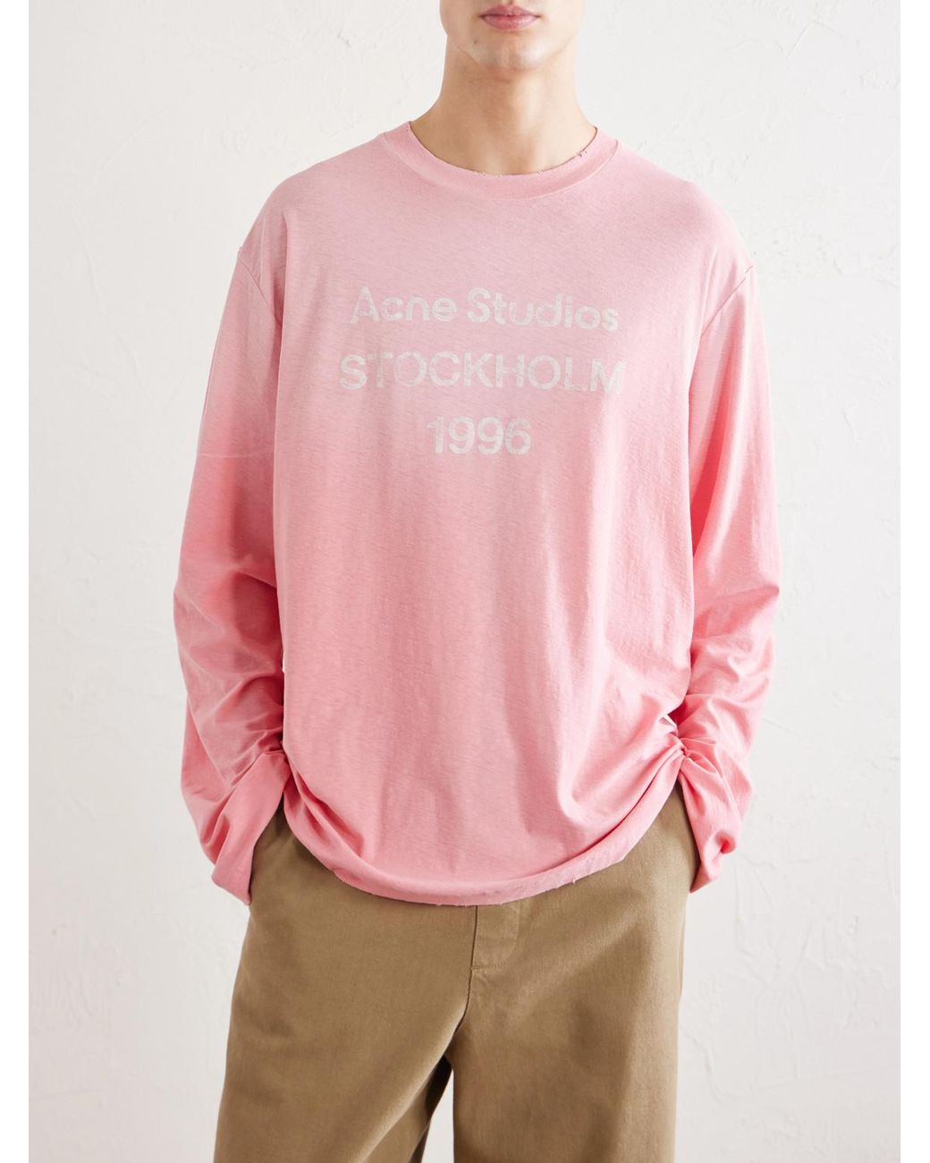 Acne Pink Edden U 1996 Logo-Print Distressed Cotton And Hemp-Blend T-Shirt for men
