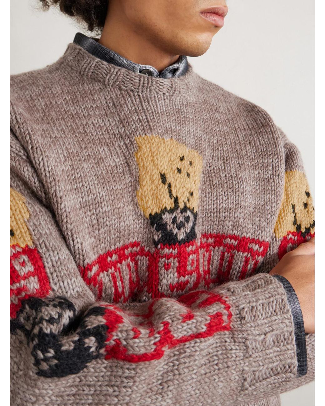 Kapital Gray Peckish Totem Pole Intarsia Wool Sweater for men
