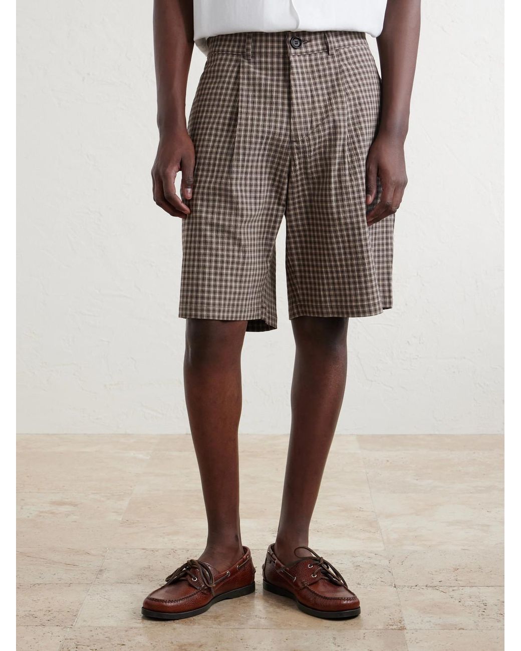 Oliver Spencer Gray Leaman Straight-Leg Pleated Checked Cotton-Blend Shorts for men