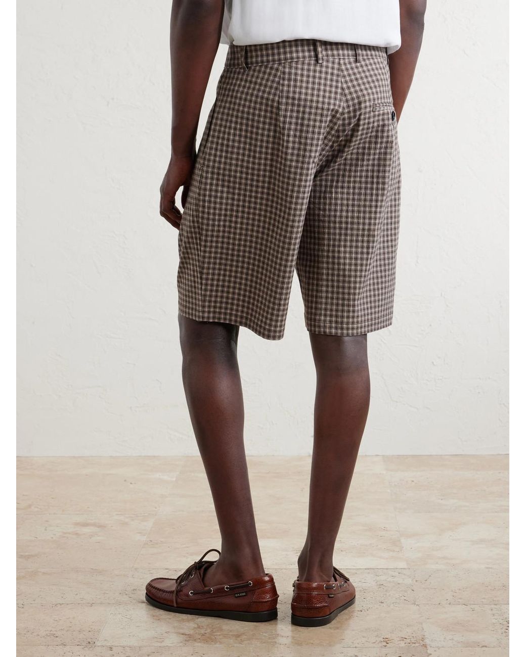 Oliver Spencer Gray Leaman Straight-Leg Pleated Checked Cotton-Blend Shorts for men