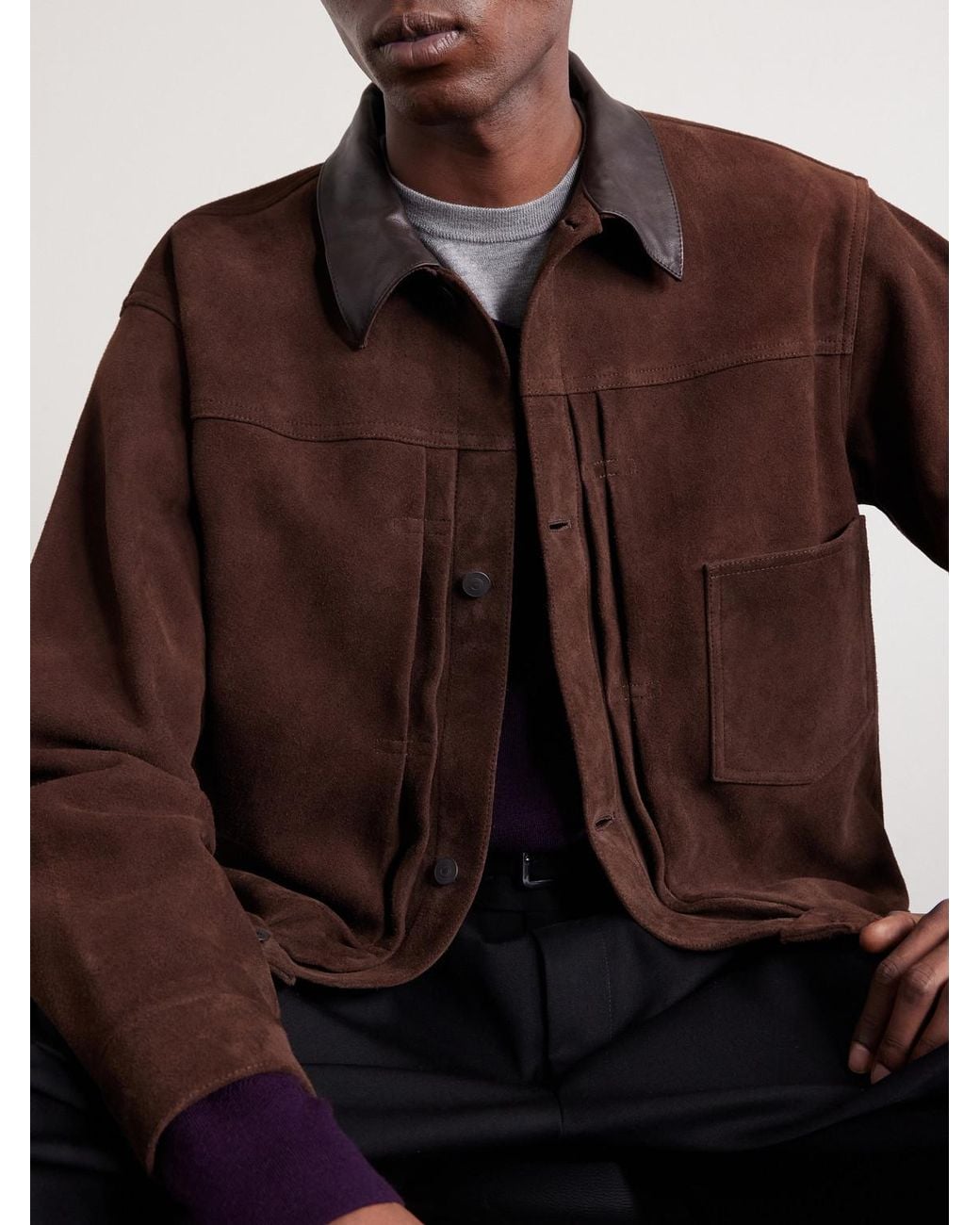 A.PRESSE Brown Leather-Trimmed Suede Jacket for men