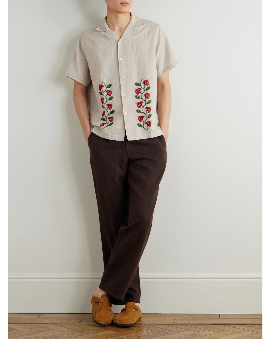 Portuguese Flannel White Branch Convertible-Collar Embroidered Linen And Cotton-Blend Shirt for men