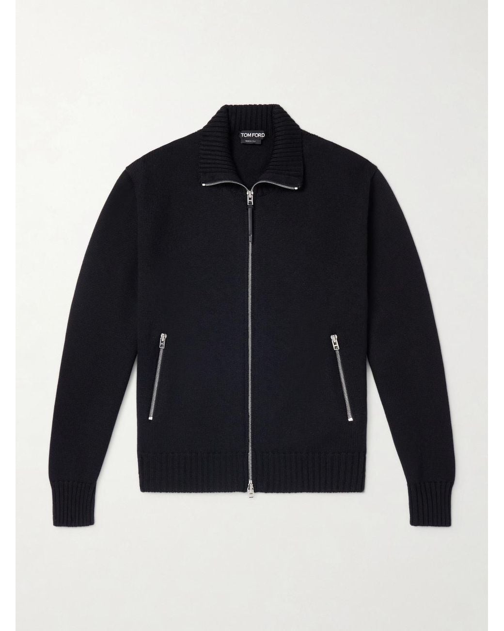 Tom Ford Blue Leather-Trimmed Merino Wool Cardigan for men
