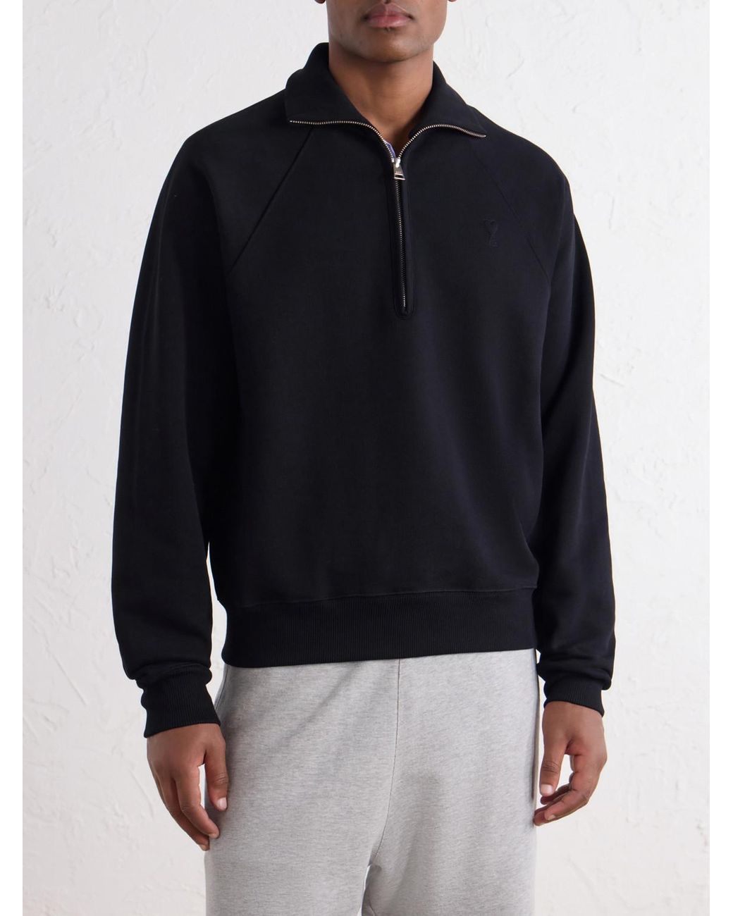 AMI Blue Logo-Embroidered Cotton-Jersey Half-Zip Sweatshirt for men