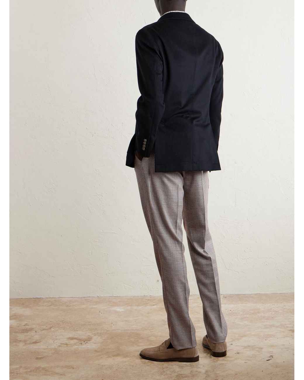 Brunello Cucinelli Gray Straight-Leg Pleated Prince Of Wales Checked Wool, Silk And Linen-Blend Trousers for men