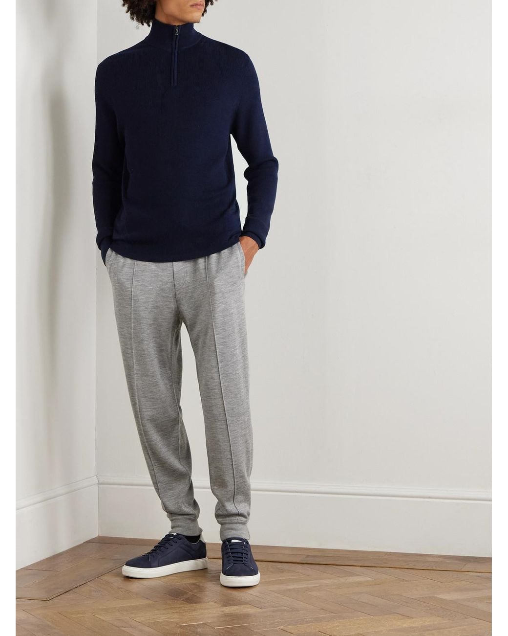 Sease Blue Waffle-Knit Virgin Wool Half-Zip Sweater for men