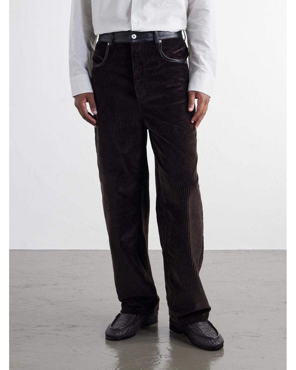 Bottega Veneta Black Straight-Leg Leather-Trimmed Cotton-Corduroy Trousers for men