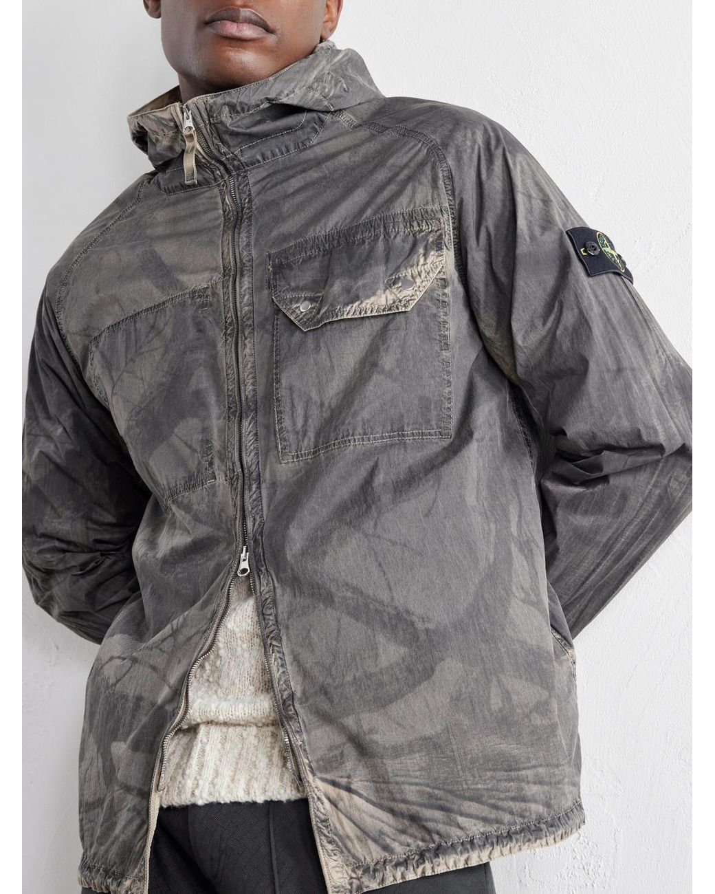 Stone Island Gray Garment-Dyed Printed Hooded Recycled Crinkle Reps Overshirt for men