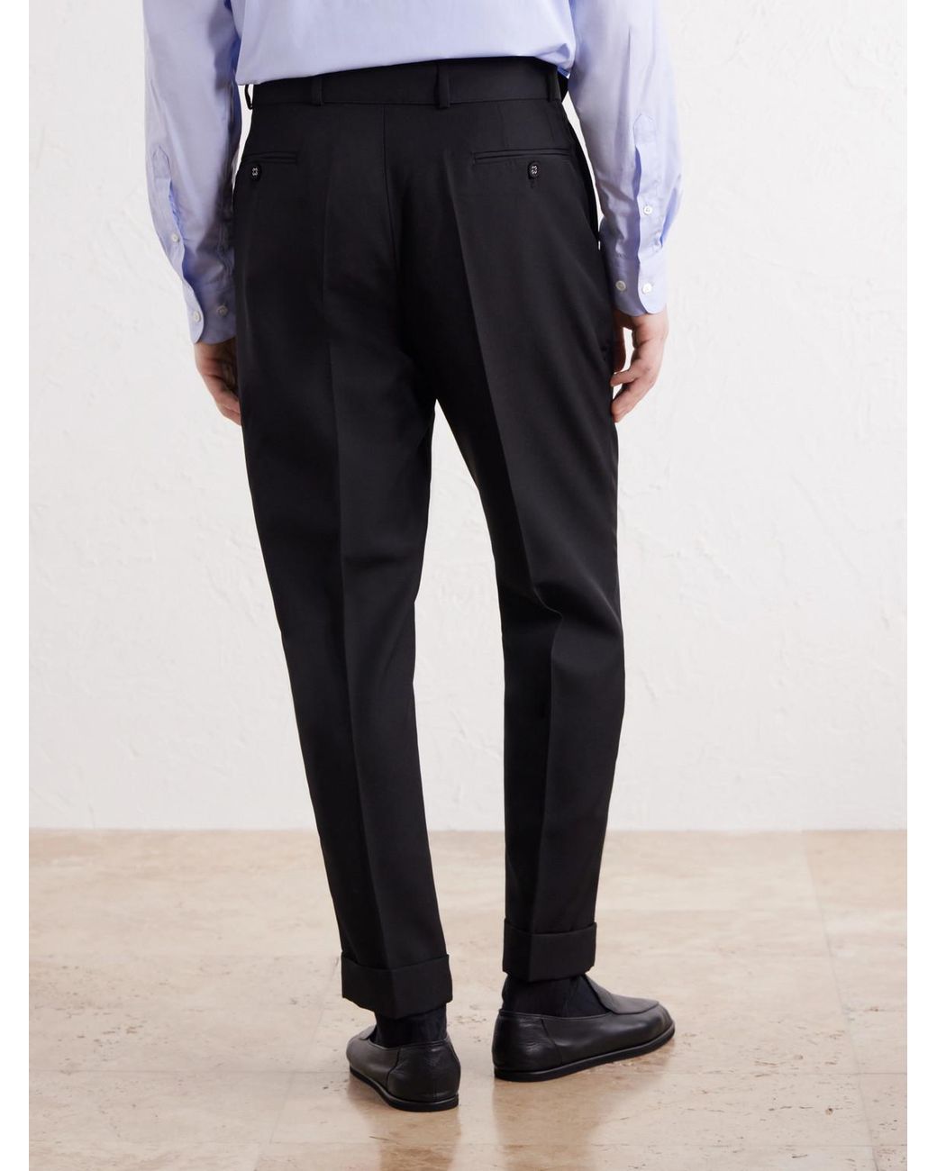 Officine Generale Blue Hugo Tapered Pleated Belted Virgin Wool-Hopsack Trousers for men