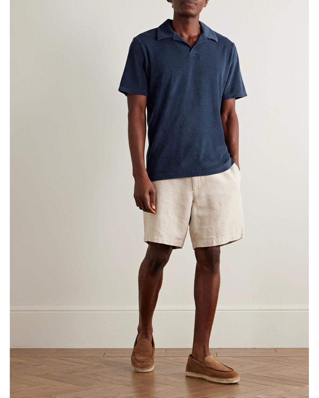 Frescobol Carioca Blue Faustino Camp-Collar Cotton, Lyocell And Linen-Blend Terry Polo Shirt for men