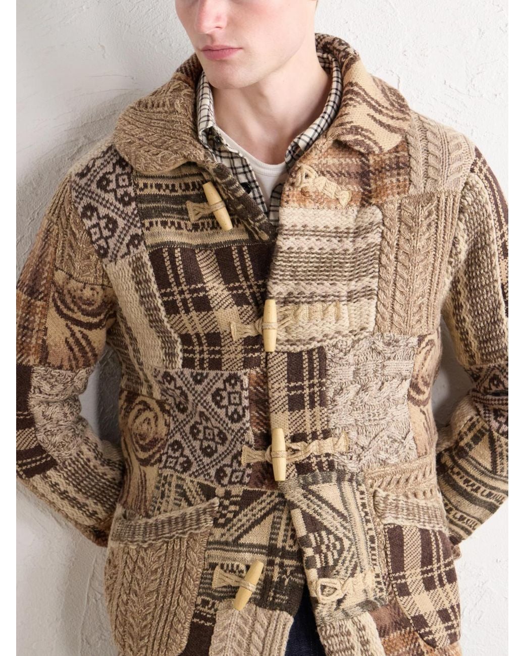RRL Brown Shawl-Collar Patchwork Wool-Blend Cardigan for men