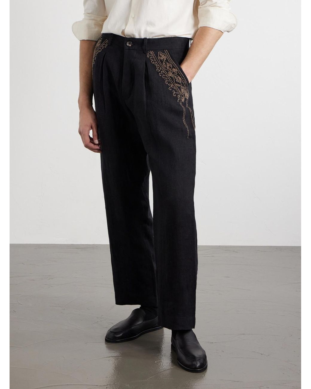 Kartik Research Blue Straight-Leg Zardozi Embroidered Pleated Linen Trousers for men