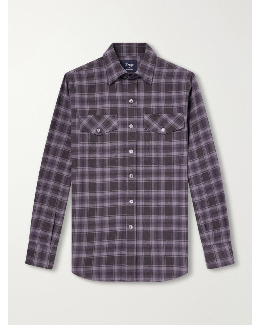 Drake's Purple Checked Cotton And Silk-Blend Twill Shirt for men
