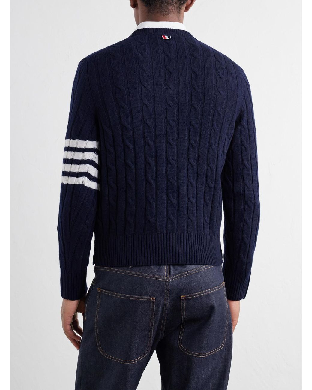 Thom Browne Blue 4-Bar Stripe Cable-Knit Cashmere Sweater for men