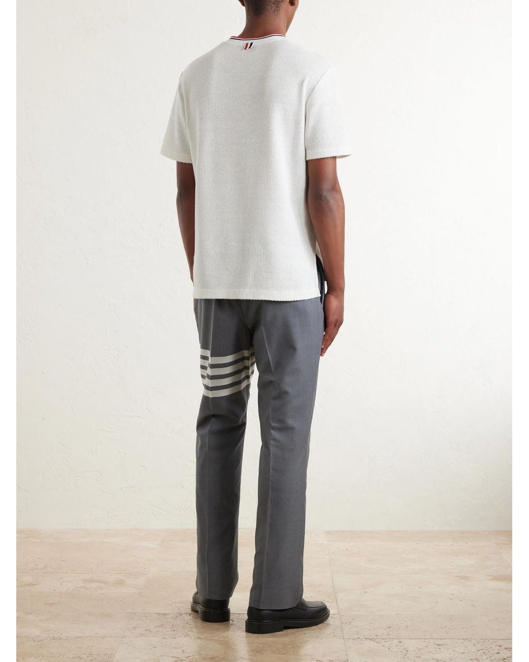 Thom Browne White Pointelle-Knit Cotton And Linen-Blend T-Shirt for men