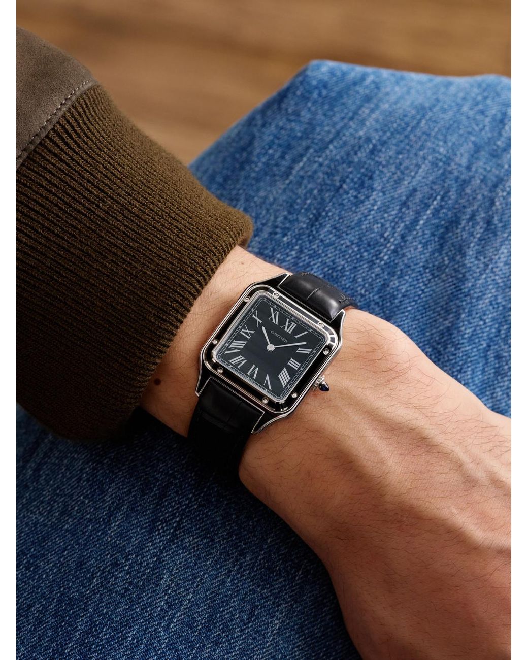 Cartier Black Santos-dumont Hand-wound 43.5mm Stainless Steel And Alligator Watch for men
