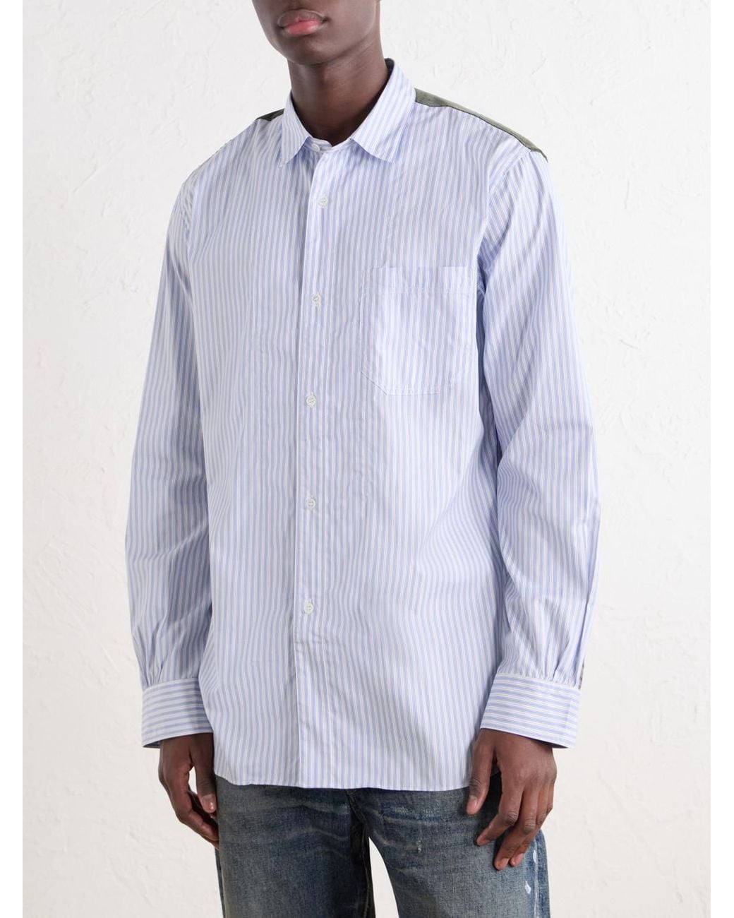 Junya Watanabe Blue Striped Corduroy And Twill-Trimmed Cotton-Poplin Shirt for men