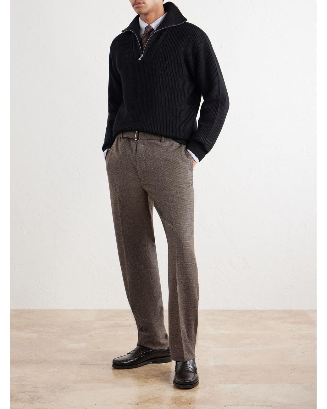 Officine Generale Black Tarek Ribbed Merino Wool Half-Zip Sweater for men