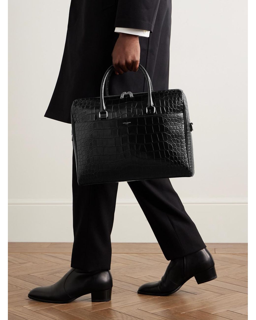 Saint Laurent Black Croc-Effect Leather Briefcase for men