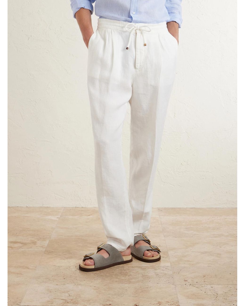 Brunello Cucinelli White Tapered Pleated Linen-twill Drawstring Trousers for men
