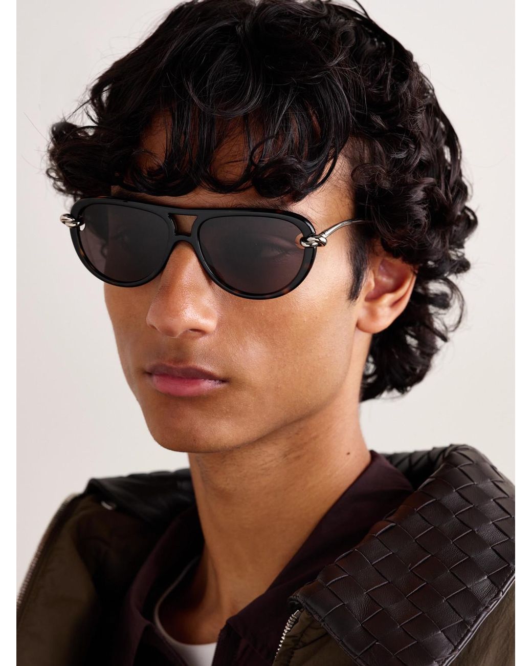 Bottega Veneta Black Double-bridge Aviator-style Tortoiseshell Acetate And Silver-tone Sunglasses for men