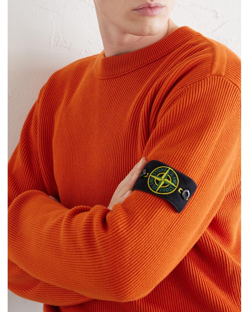 Stone Island Orange Ribbed Organic Cotton Sweater for men