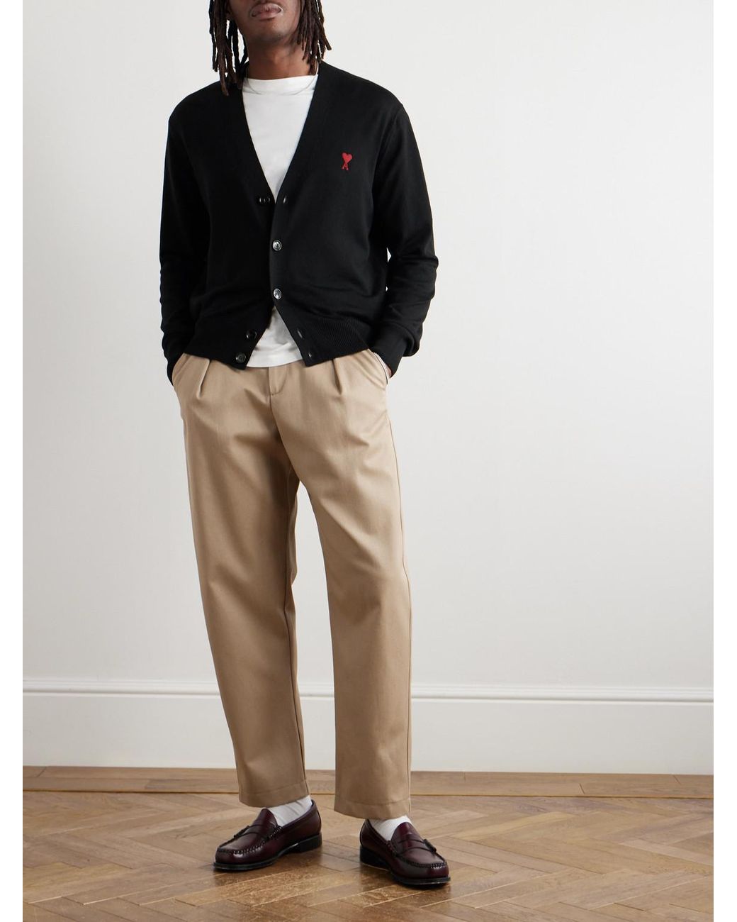 AMI Black Slim-Fit Logo-Embroidered Merino Wool Cardigan for men