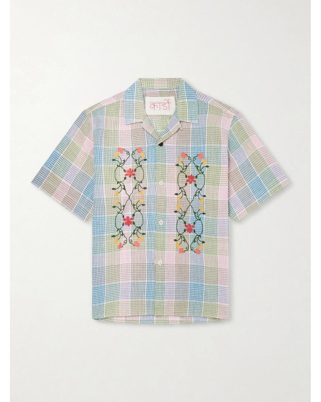 Kardo Blue Ronen Camp-Collar Floral-Embroidered Checked Cotton And Linen-Blend Shirt for men