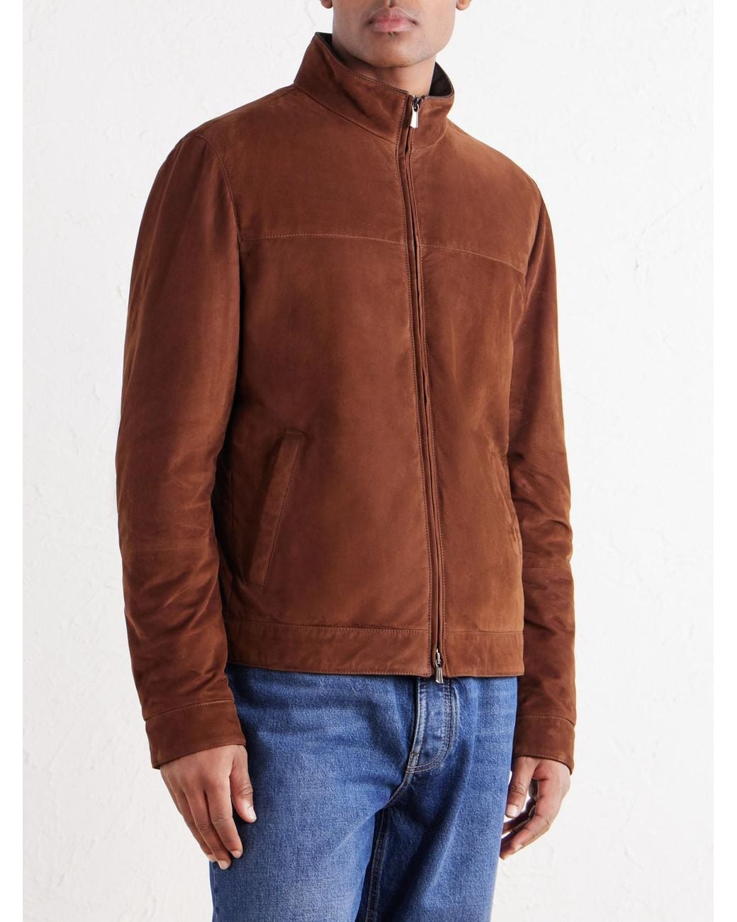 Thom Sweeney Brown Suede Mock-Neck Bomber Jacket for men