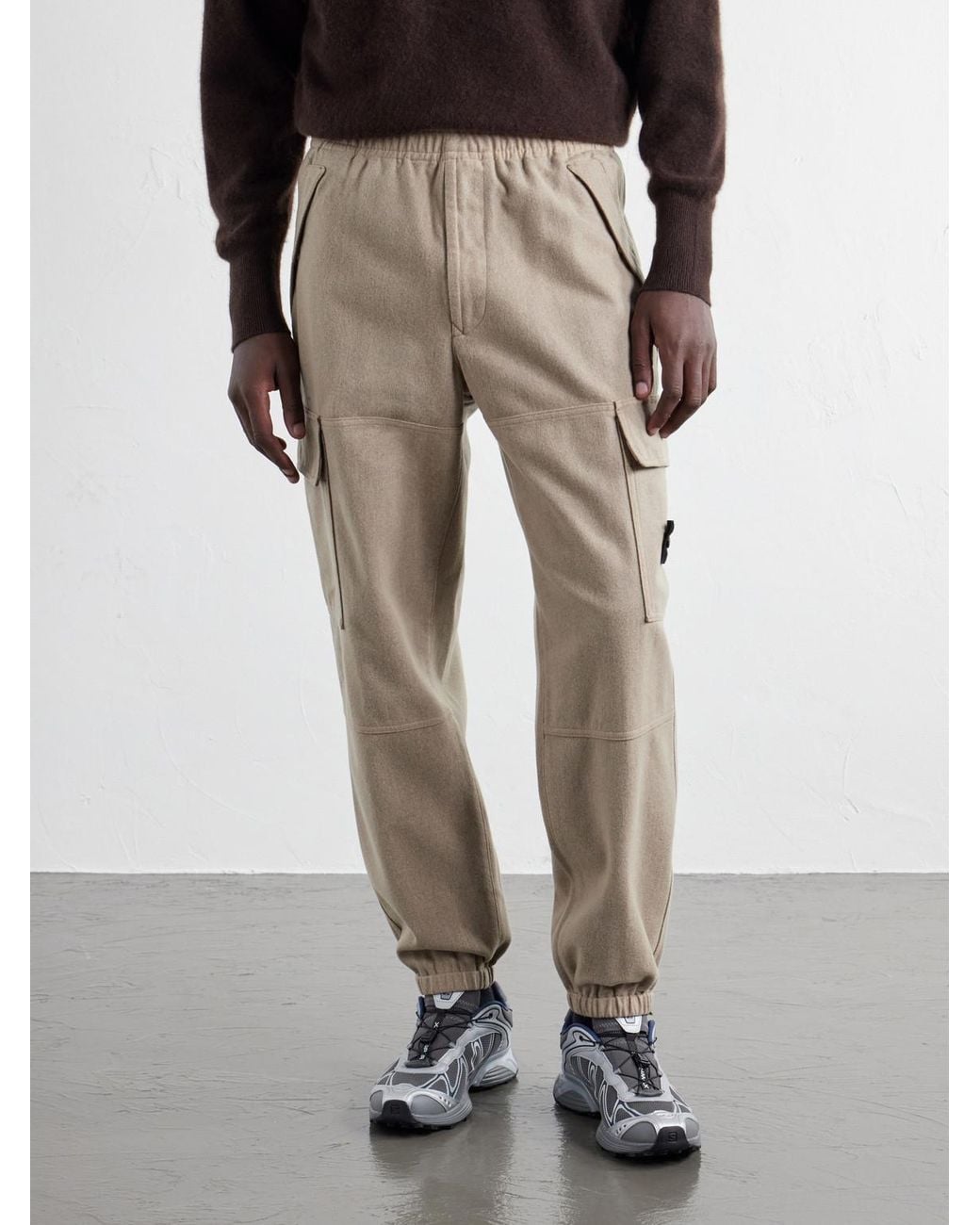 Stone Island Natural Garment-Dyed Wool-Blend Nylon Flannel-Tc Cargo Sweatpants for men