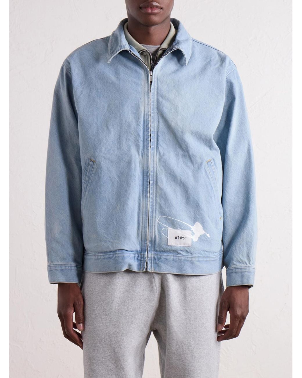 (w)taps Blue Wrecker Logo-Appliquéd Paint-Splattered Denim Jacket for men