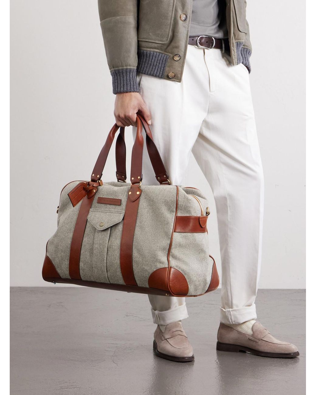 Brunello Cucinelli Brown Leather-trimmed Flannel Weekend Bag for men