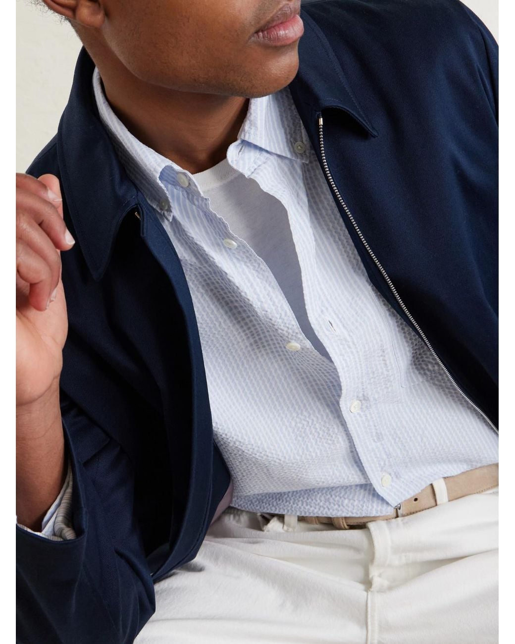 Mr P. White Button-Down Collar Striped Cotton-Seersucker Shirt for men