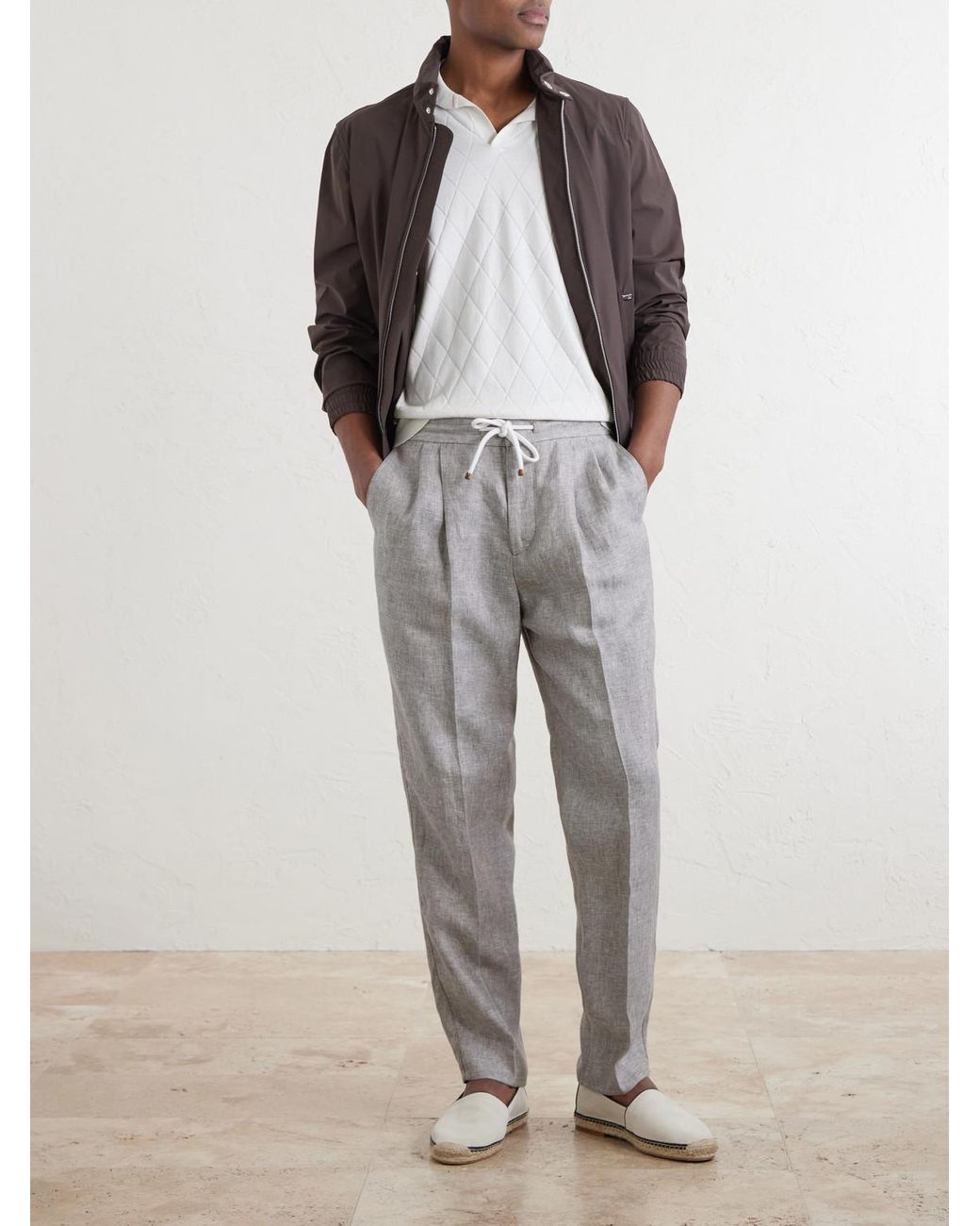 Brunello Cucinelli Gray Straight-Leg Pleated Hemp And Linen-Blend Twill Trousers for men