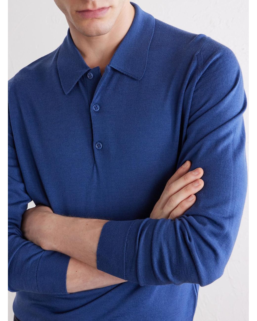 John Smedley Blue Caverhill Knitted Merino Wool Polo Shirt for men
