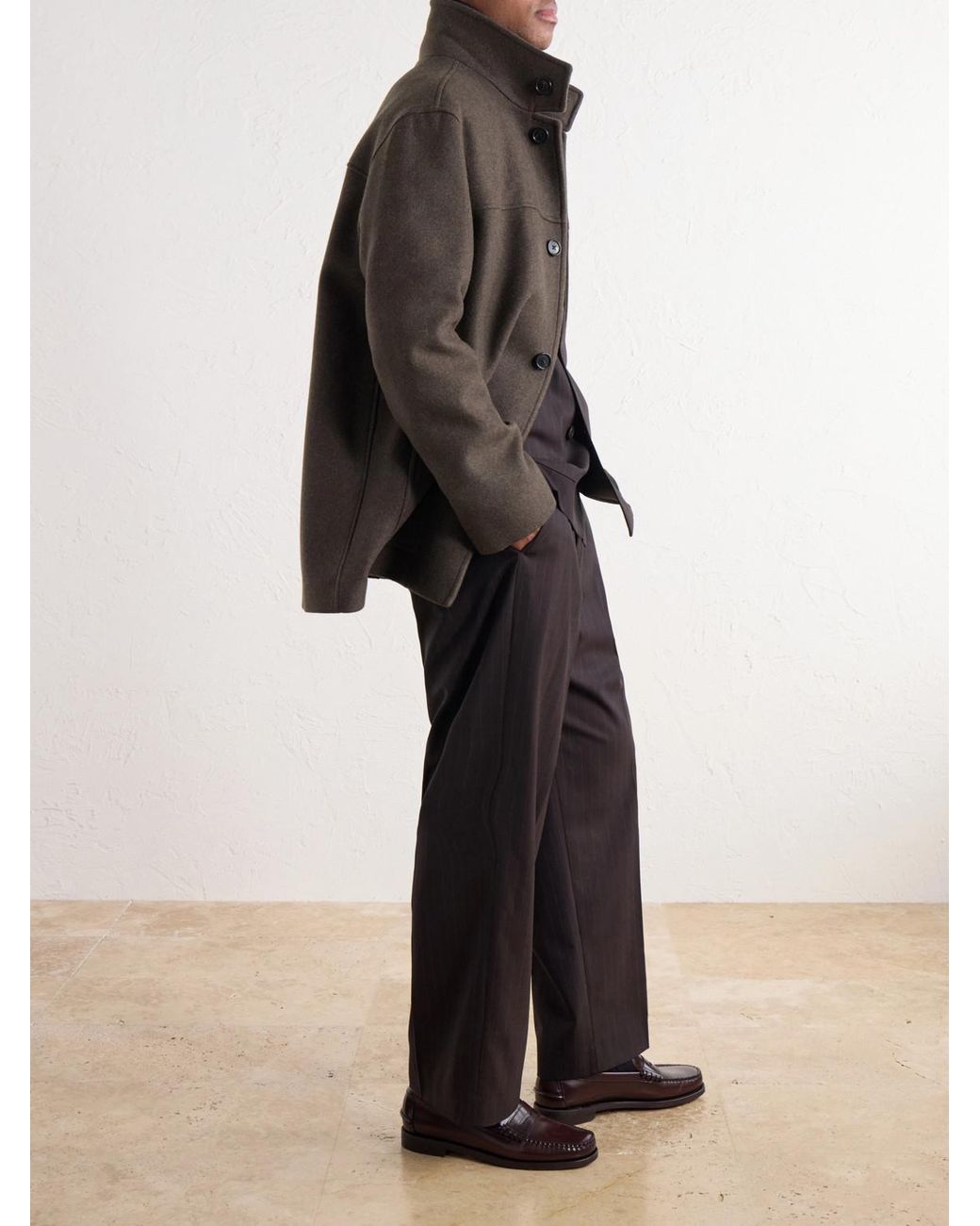 Margaret Howell Brown Knit-Trimmed Wool-Blend Melton Coat for men