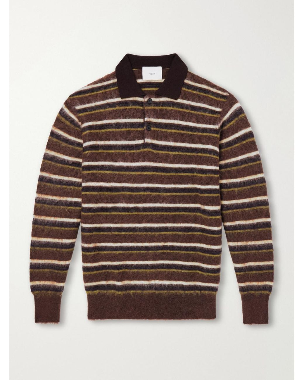 Ssstein Brown Striped Brushed-Knit Polo Shirt for men