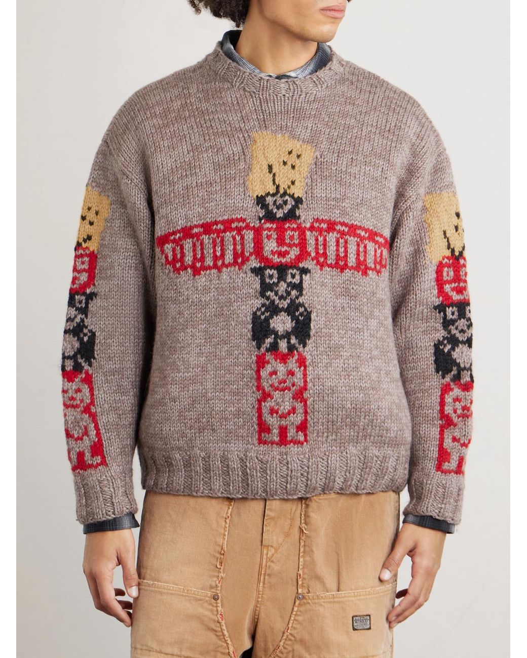 Kapital Gray Peckish Totem Pole Intarsia Wool Sweater for men