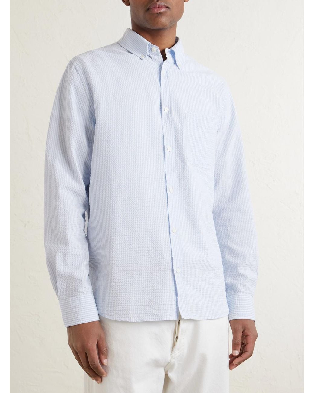 Mr P. White Button-Down Collar Striped Cotton-Seersucker Shirt for men
