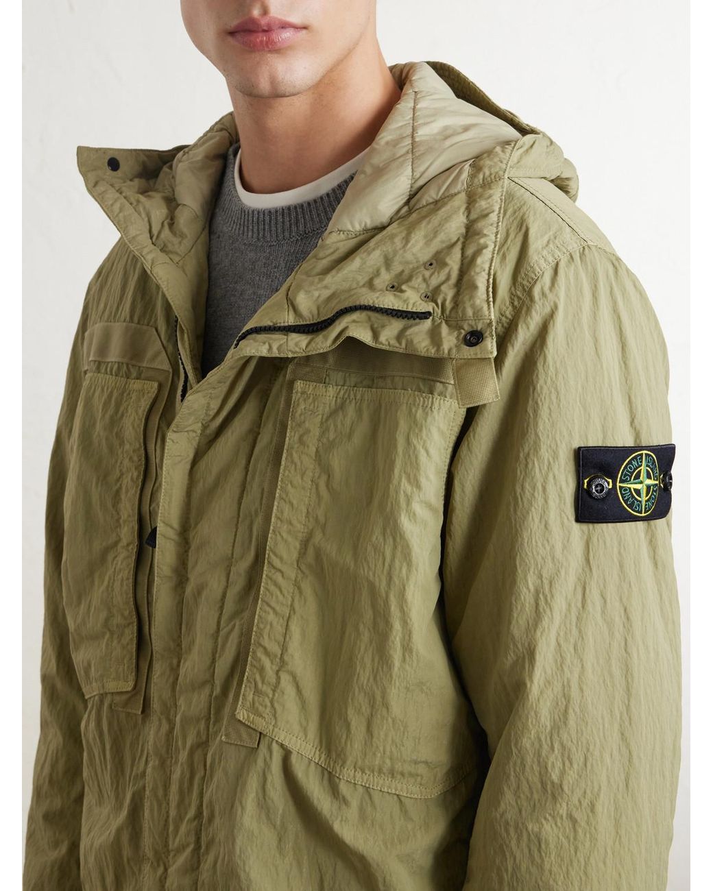 Stone Island Green Garment-Dyed Padded Crinkled Warp Rib Nylon-Tc Hooded Jacket for men
