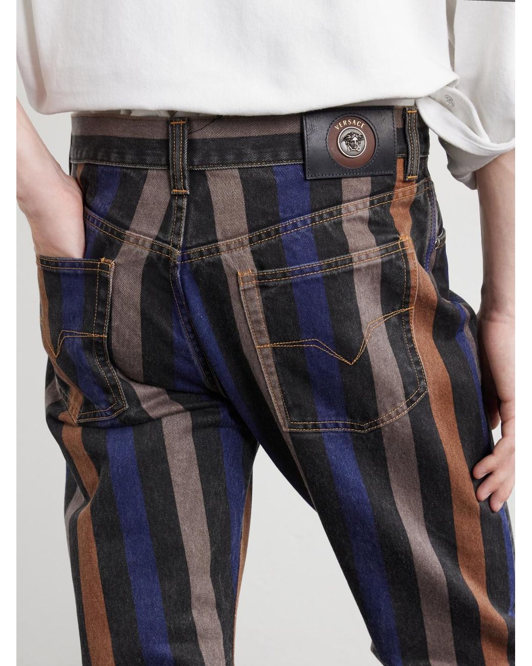 Versace Blue Straight-leg Striped Jeans for men