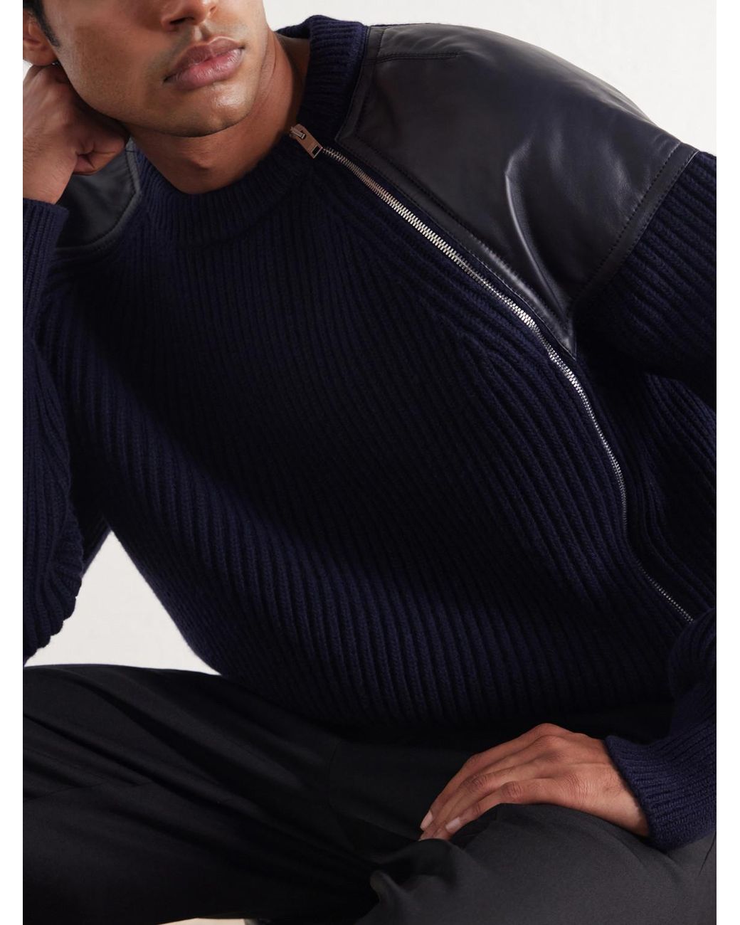 Bottega Veneta Blue Leather-Trimmed Ribbed Wool And Cashmere-Blend Zip-Up Sweater for men