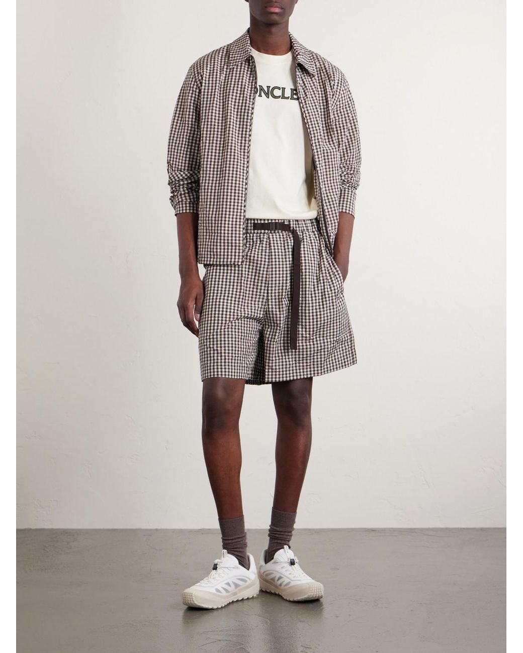Moncler Brown Straight-Leg Belted Checked Cotton-Blend Shorts for men