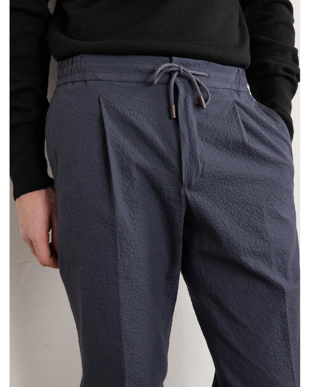 Slowear Blue Tapered Cotton-blend Seersucker Trousers for men