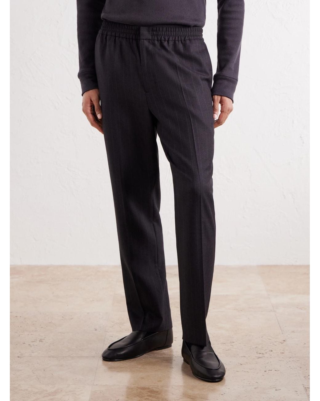 AMI Blue Tapered Pinstriped Wool-Blend Trousers for men