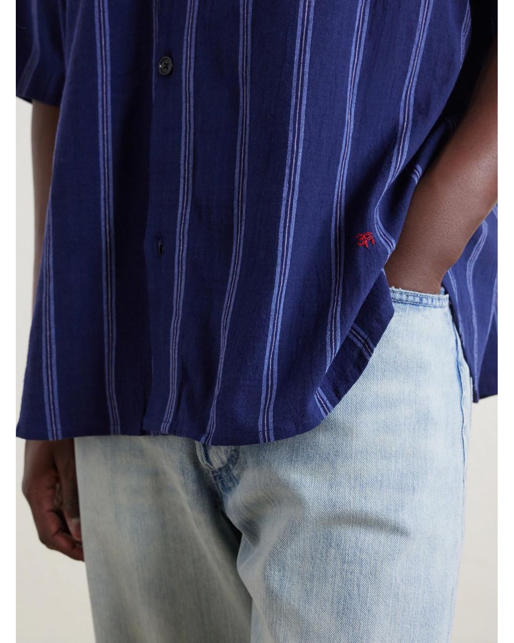 Kardo Blue Yusuke Camp-Collar Striped Cotton Shirt for men