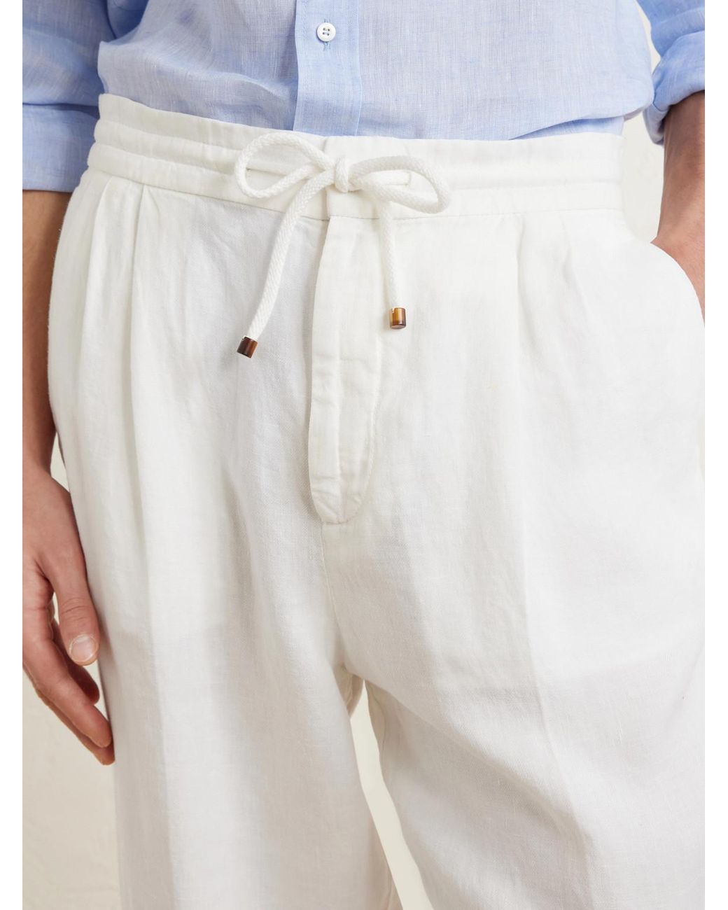 Brunello Cucinelli White Tapered Pleated Linen-twill Drawstring Trousers for men