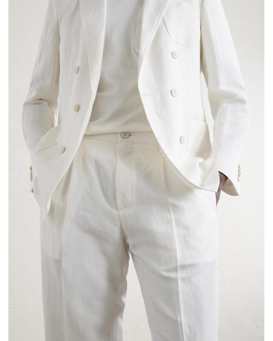 Canali White Mamhood Straight-Leg Pleated Linen And Silk-Blend Trousers for men