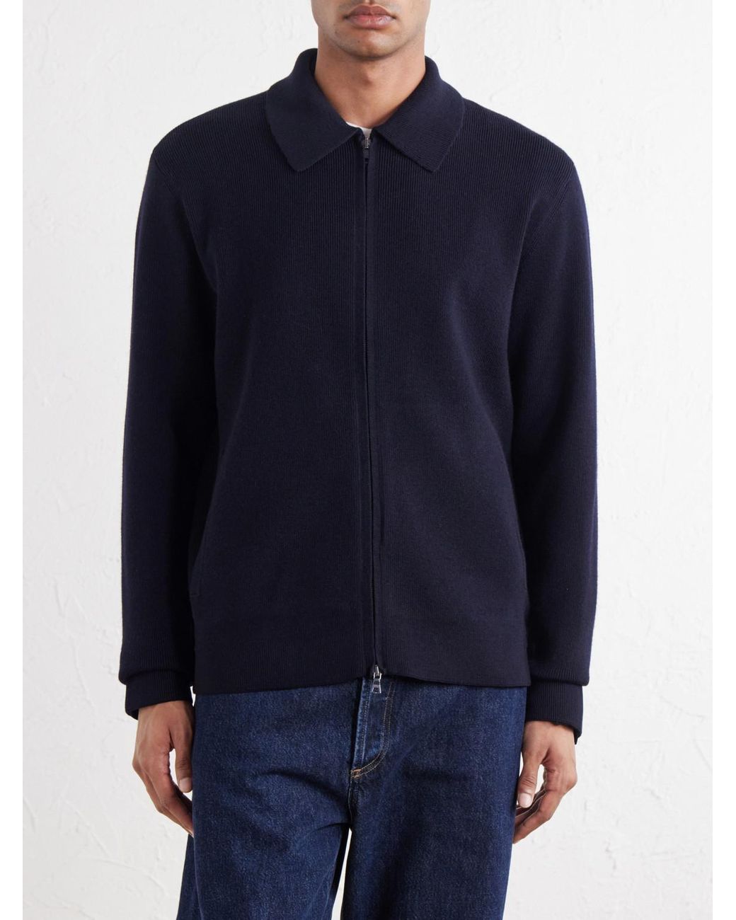 Orlebar Brown Blue Shelby Ribbed Merino Wool Zip-Up Sweater for men